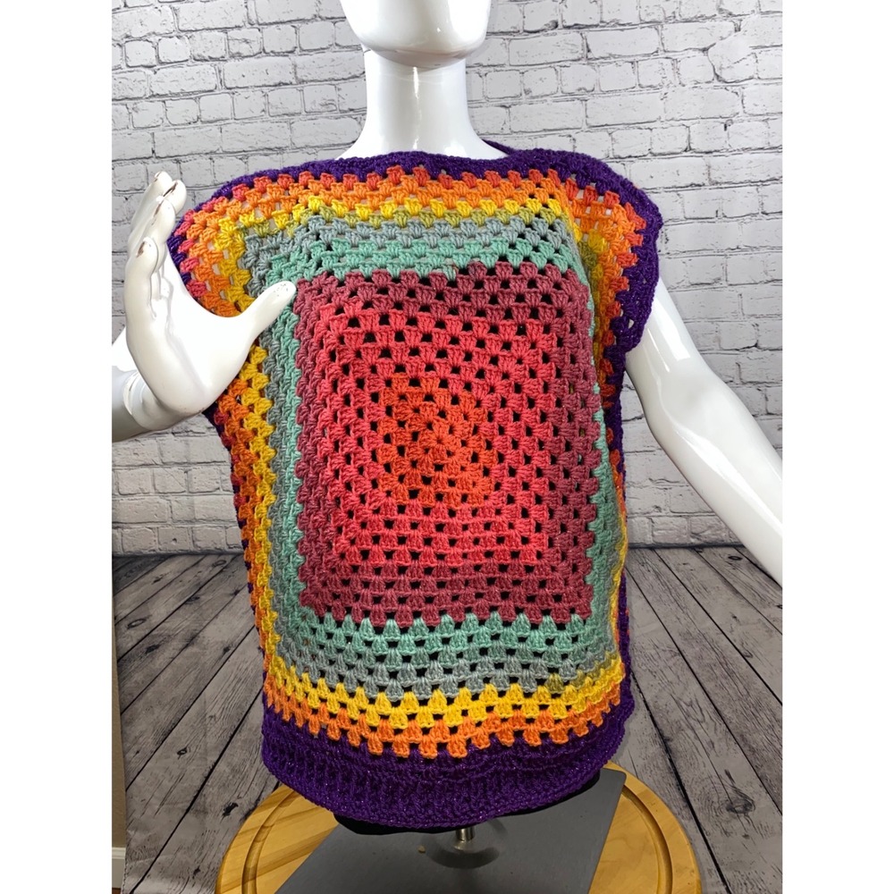Handmade Rainbow Granny Square Crochet Vest Top Metallic Sparkle Boho Womens